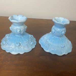 Fenton Cabbage Rose Blue Marble Slag Glass Candle Sticks Holders Set 2